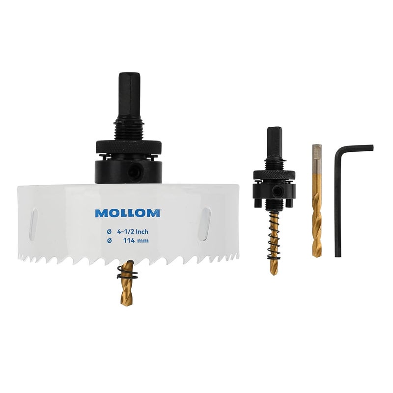 Mollom (114mm | 4-1/2") HSS M42 with 8% Cobalt BI-Metal Hole Saw with 2 Pilot Drill Bits & Arbor Smooth Cutting for PVC,Drywall,Wood,Plastic,Gypsum Board,Rubber - Image 1